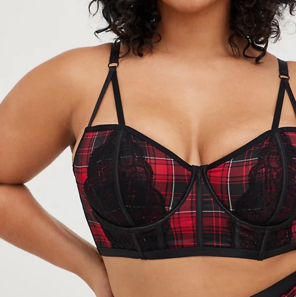 UNLINED LONGLINE STRAPPY BRALETTE - PLAID RED